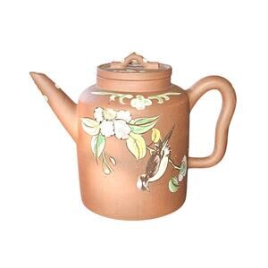 Antique Yixing Zisha Clay Teapot With Colorful Glaze Of flowers and bird, signed